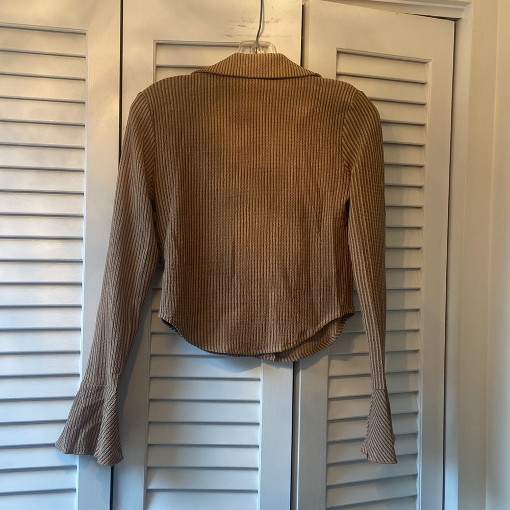 Commense Ribbed Button-Front Long Sleeve Blouse in Brown - Picture 4 of 5